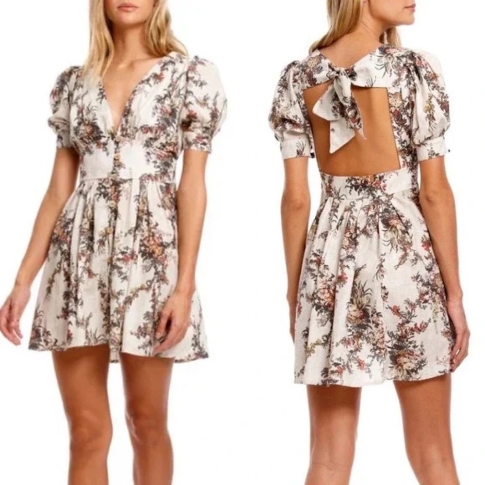 Agua Bendita Beige Floral Linen Dress Size M